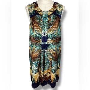 Anna Sui Navy Brown Palm Leaf Sleeveless Dress Tropical Print Shift